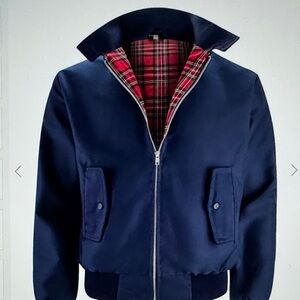 Marcus Harry Stone Jacket ;Classic Navy Bomber Jacket with Red Plaid Lining NWT